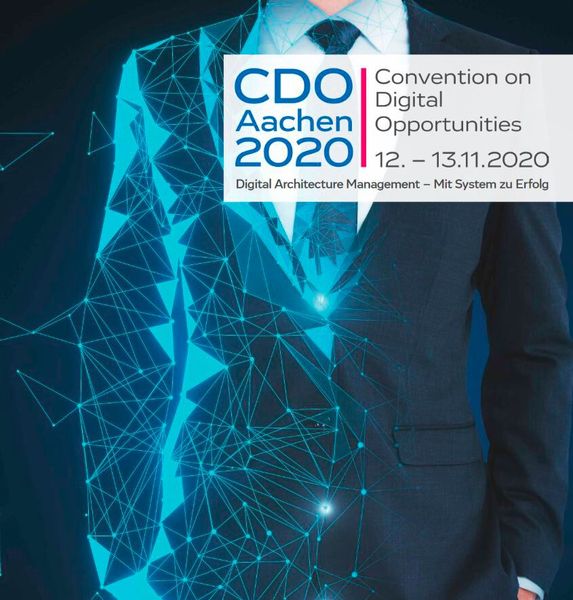 CDO Aachen    Die CDO Aachen 2020, eine interessante Hybrid-Veranstaltung aus Fachtagung und Ausstellerforum am Cluster Smart Logistik auf dem RWTH Aachen Campus, will ihre Besucher in anschaulichen Vorträgen aus Praxis und Wissenschaft nutzwertige Impulse setzen, um Unternehmen zu befähigen, zentrale digitale Fähigkeiten aufzubauen. Das Leitbild der Veranstaltung lautet „Digital Architecture Management – Mit System zum Erfolg“ und soll vermitteln, wie Unternehmen ihre Strategie, Prozesse und Infrastruktur anhand einer nachhaltigen Digitalarchitektur zukunftsfähig aufstellen. Dabei stehen die strategischen Handlungsfelder „Strategie & Organisation“, „Prozesse & Systeme“ sowie „Infrastruktur & Technologie“ im Fokus. Wann: 12. - 13. November 2020, Aachen.    Mehr unter: 