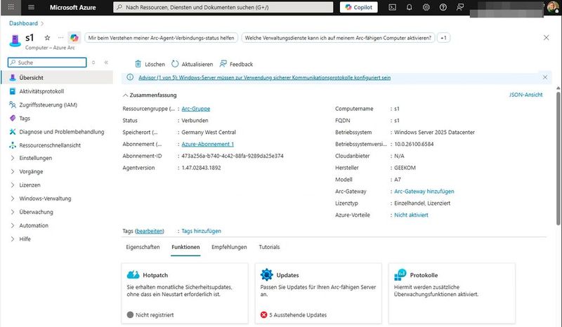 Ein angebundener Server erscheint im Azure-Portal als Arc-Ressource mit zentralen Informationen zu System, Agent und Verbindungsstatus. (Bild: Joos | Microsoft)