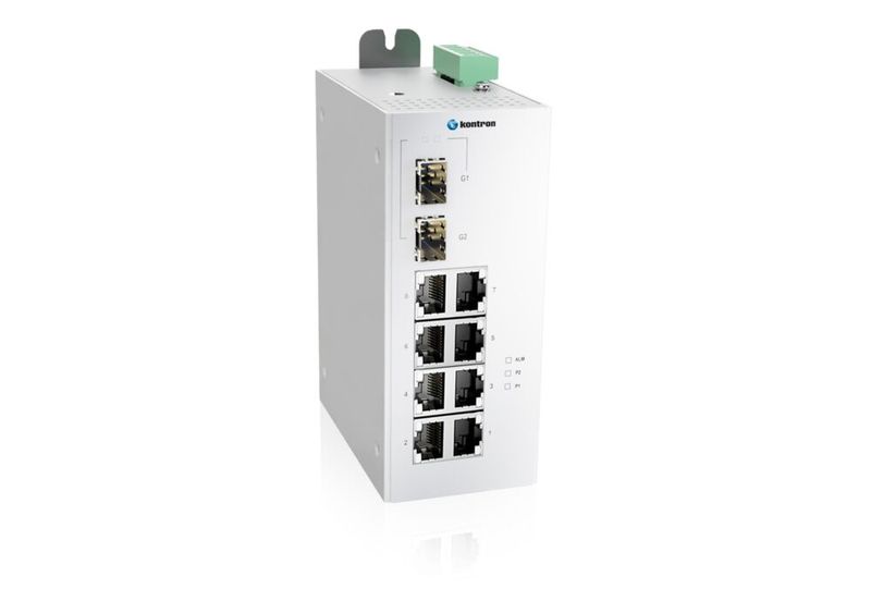 Der K Switch D3UM 8F-2GS aus der K Switch D3UM-Serie ist ein 10-Port unmanaged Ethernet Switch mit 8 10/100 BaseT(X) Ports und 2 1000 FX SFP Slots, einem erweiterten Temperaturbereich von -40 bis 75°C sowie einem dualen DC-Leistungseingang. (Bild: Kontron)