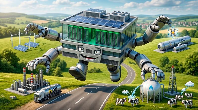 An stromhungrige Datacenter vermaktet Rolls-Royce Gas, Nuklear, Diesel, Batterien und Erneurbare zugleich. Ist das noch Energiewende? Ja, argumentiert Michael Stipa. (Bild:  KI-generiert)