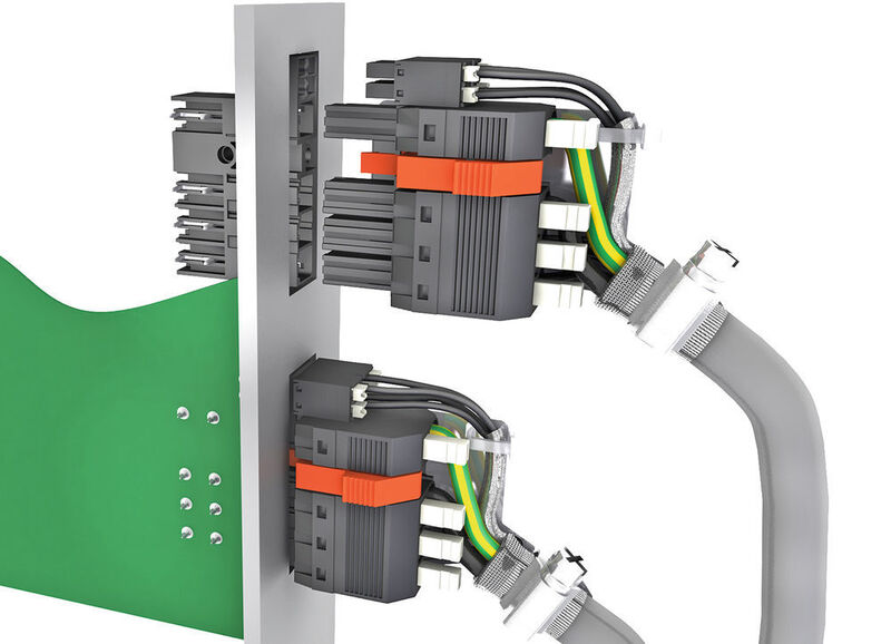 Der Power-Hybrid-Leiterplatten-Steckverbinder mit verrastbarem Push Button ermöglicht eine schlanke Leitungsführung mit installationsgerechter 30°-Geometrie.  (Weidmüller)