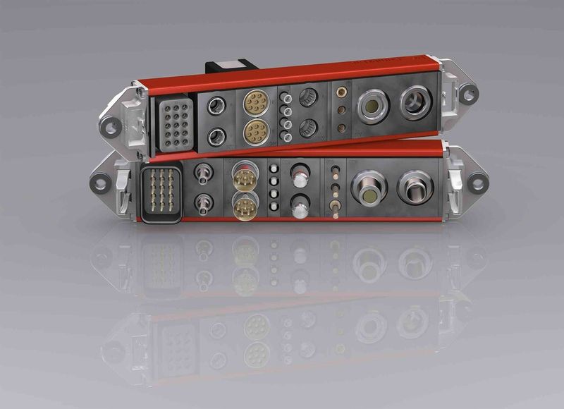 Modulares Steckverbindersystem Combitac: individuelle Kombination von Leistungs- und Steuerkontakten, Hochspannungsmodulen, pneumatischen und hydraulischen Kontakten Thermoelementen, Koaxialkontakten sowie weiteren Modulen. (Bild: Multi-Contact)