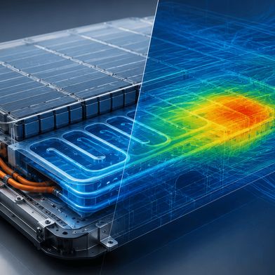 Effizientes Thermomanagement durch Simulation: Digitale Zwillinge machen Wärmeströme und potenzielle Hotspots in der Batterie sichtbar, noch bevor der erste physische Prototyp entsteht. (Bild: Merkle CAE Solutions GmbH - KI-generiert)