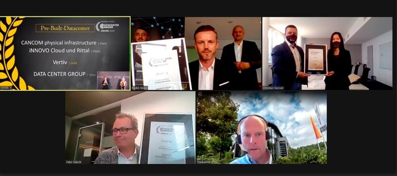 Die vorgefertigten Rechenzentren, pre-built datacenter, gehören auch zu den Kategorien der IT Awards 2020. Die DC-Datacenter-Group wählen die Leser von DataCenter-Insider auf Silber, Frank Ernst durfte den Preis auspacken, Vertiv erklimmt den goldenen Platz - im Bild ist Christian Gansen zu sehen. Cancom physical infrastructure sowie das Duo Rittal / Innovo Cloud sorgen für Überraschung; beide Finalisten belegen Platin. Für Cancom Physical Infrastructure durfte Peter Wäsch den Preis auspacken und für Rittal war Radek Stolar dabei. (Bild: Vogel IT-Medien)