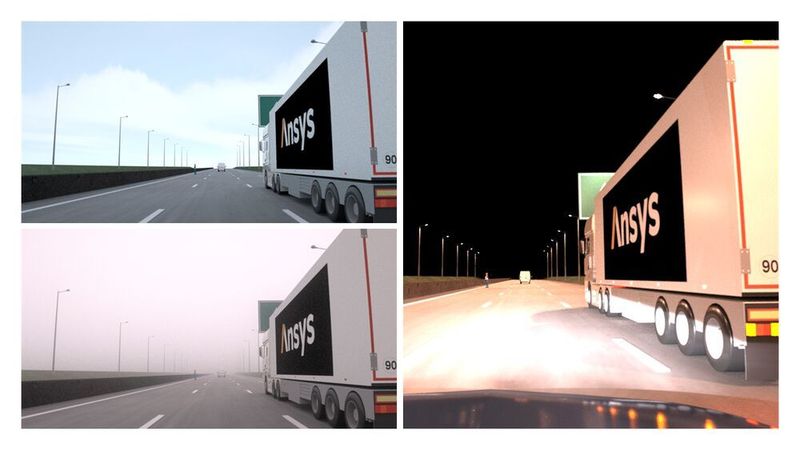 Ansys Speos validiert Kamerawahrnehmung in einer Vielzahl von Umgebungen (Tag, Nebel, Nacht). (Ansys)
