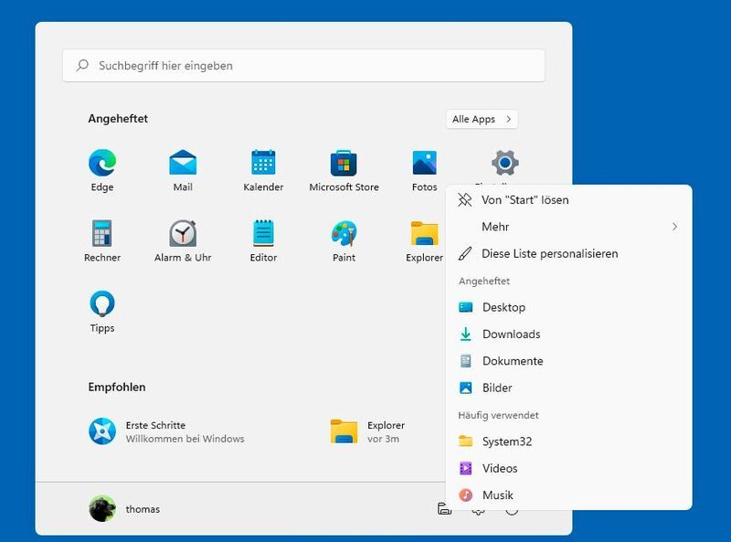 Wichtige Ordner im Explorer über das Kontextmenü in Windows 11 aufrufen. (Joos/Microsoft (Screenshot))