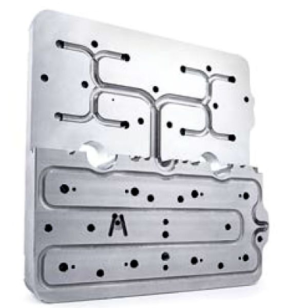 Mold-Masters iFlow manifolds can be manufactured with smaller runner channel diameters than conventional gun-drilled manifolds. Smaller runner channels reduce material volume in the manifold to help minimise residence time. A critical process variable for small parts. (Source: Mold-Masters)