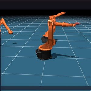 Simulation multirobot avec bibliothèque de robots (KUKA KR6/KR16).(Source :  BabaCAD Robotics)