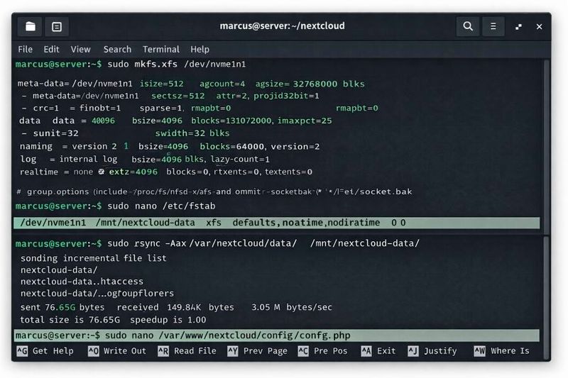 Umsetzung der Storage-Trennung durch Formatierung eines NVMe-Volumes, Anpassung von „/etc/fstab“ und Migration des Datenverzeichnisses per „rsync“. (Bild: Joos - Nextcloud)
