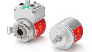 Sicherheitsdrehgeber 58 mm mit Sackloch und Vollwelle. Er wird als derzeit kleinster Absolutdrehgeber für Anwendungen nach Sicherheitsstandard SIL3 vorgestellt. (TR-Electronic)