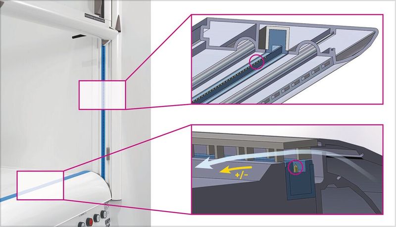 Abb.2: Links: Ionisierungselektroden (blaue Schienen) im Laborabzug; Rechts: Die Luftzufuhr zu den Ausblasschlitzen erfolgt über Aluminiumhohlprofile sowohl an den Seitenwänden als auch an der Vorderkante der Arbeitsplatte. In unmittelbarer Nähe zur Ausblasung befinden sich die Hochspannungselektroden (kleine Spitzen), die die austretenden Wandstrahlen mit positiven und negativen Ionen mit +/- 5 kV aufladen. (Bild: HS Esslingen)