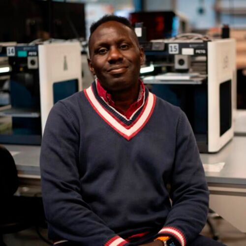 Lead researcher Deji Akinwande sits at a workstation in a biomedical engineering lab at the University of Texas at Austin.(Source:  University of Texas at Austin)