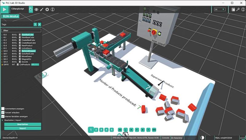 Skill-basierte Konfiguration in PLC-Lab 3D Studio: Die Abbildung zeigt die Einrichtung eines Skills für einen linearen Antrieb. Links befindet sich der Skill-Manager zur Verwaltung aller Skill-Objekte, rechts die zugehörigen Parametereinstellungen des aktiven Skills (Bild: MHJ-Software)