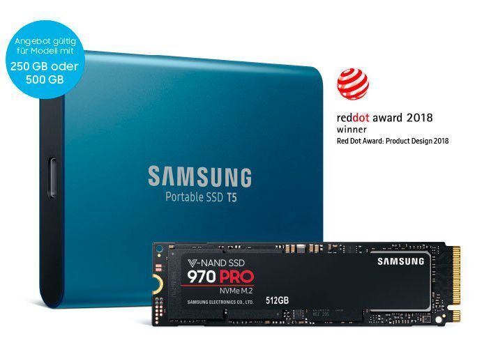 Beim Kauf der Portable-SSD T5 mit 250 oder 500 GB Speicher oder der internen V-NAND SSD 970 PRO mit 512 GB erhalten Samsung-Kunden beim Kauf ebenfalls auf den UVP die Mehrwertsteuer von 19 Prozent zurück.  (Samsung)