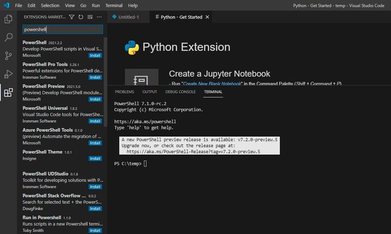 Erweiterungen in Visual Studio Code installieren, auch für verschiedene Terminals.
