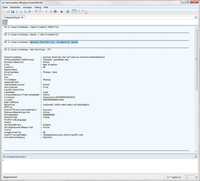 Um sich dann über die Variablen mit Office 365 zu verbinden, verwenden Sie den Befehl „Connect-MsolService -Credential $auth“. Der Befehl liest die Variable „$auth“ aus und verwendet die Authentifizierung. (Archiv: Vogel Business Media)