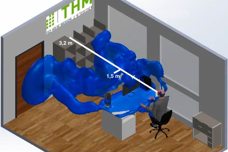Die Simulation ohne Maske zeigt, wie sich die Aerosolwolke innerhalb einer Sekunde mehr als 2,5 Meter weit in Niesrichtung verbreitet. Maximal verbreitet sie sich bis zu 8 Meter weit.   (Bild: THM)