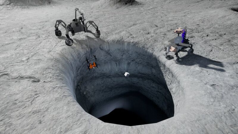 Die CAD-Visualisierung zeigt das Missionsszenario am Skylight einer Lava-Höhle auf dem Mond mit den drei Robotern SherpaTT (oben links), Coyote III (unten links) und LUVMI (rechts). (DFKI / Finn Lichtenberg)