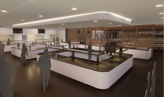 (Visualisierung: Speiseausgabe der neuen Mensa in Güstrow. Bild: matrix architektur gmbh, Rostock)