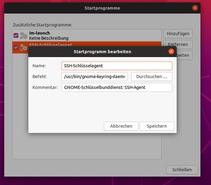 Der Dialog „Startprogramme“ aktiviert Hintergrunddienste, darunter den SSH-Schlüsselagenten für die automatische Anmeldung an entfernten Systemen. (Bild: Joos)