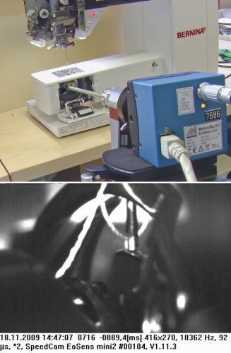 Bild 4: Die kontrollierte Bewegung des Fadens mit exakter Präzision stellt hohe Anforderungen an die Mechanik und Steuerung der Nähmaschine. Das menschliche Auge kann diese Vorgänge nicht sehen, aber mit dem der EoSens Mini können die Bewegungsabläufe (im Bild unten) exakt verfolgt und dokumentiert werden. (Bild: Mikrotron)