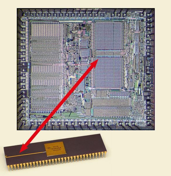 1979 – der erste 32-Bit-Prozessor: Als Motorola im September 1979 den 68000 präsentierte, stellte der Prozessor alle anderen Bausteine in den Schatten. Der in einem 4-µm-HMOS-Prozess gefertigte Motorola 68000 verfügte auf einer Chipfläche von 44 mm 2 über 68.000 integrierte Transistoren – mehr als doppelt so viele, als der im Vorjahr erschienene Intel 8086 besaß. Der ursprüngliche Chip war zunächst mit Taktraten zu 4 MHz, 6 MHz oder 8 MHz verfügbar. Streng genommen ist der Motorola 68000 ein 32-Bit-Hybrid. Intern verfügte der Prozessor über eine 32-Bit-Architektur und einen entsprechenden Befehlssatz. Da allerdings 32-Bit-Peripherie noch nicht vorhanden war und ein 32-Bit-breiter Datenbus den Chip für damalige Verhältnisse unverhältnismäßig teuer gemacht hätte, sprach die CPU nur einen 24-Bit-Adressraum an und verfügte über einen 16-Bit-Datenbus. Motorola betonte, dass die 68k-Familie in Zukunft auch vollwertige 32-Bit-Bausteine umfassen würde, und dass der 68000 von Beginn an auf Aufwärtskompatibilität ausgelegt war. (Bild: Motorola)