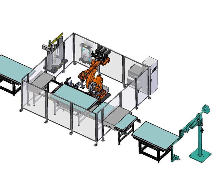 Gesamtanalage: Die Glasscheibe wird dann automatisch aufgelegt und zentriert. Die richtige Position des Kollektors überprüft ein Lasermesssystem. Bild: Rampf Dosiertechnik (Archiv: Vogel Business Media)
