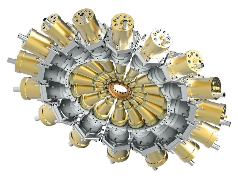 Illustration der ringförmig wie auf dem Ziffernblatt einer Uhr angeordneten 16 Detektoren (Copyright: Frank Scholz & Jens Buck, DESY)