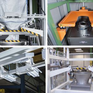 Unterschiedliche Entleerhilfen: Walkvorrichtung (o.l.), Vibrationstisch (o.r.), Balkendruckvorrichtung (u.l.) und Pilzdruckvorrichtung (u.r.)    (Bild:  Engelsmann)