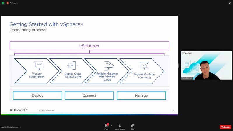 Dave Morera, Senior Technical Marketing Architect von VMwares Cloud Platform Business Unit, demonstriert vSphere+ und vSAN+.
