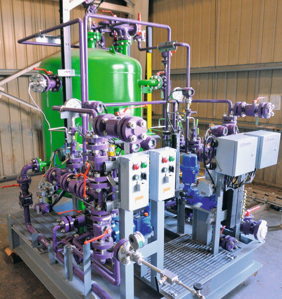 Compact, connection-ready metering system for precise metering of sodium hypochlorite. The system is equipped with motor driven process metering pumps, solenoid diaphragm pumps, controllers and compete piping. (Prominent)