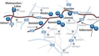 Die Standorte des Unternehmens ziehen sich an den Bundesautobahnen A2 und A31 entlang – vom niedersächsischen Schüttorf bis nach Halberstadt in Sachsen-Anhalt. (Foto: Truckxxgroup)