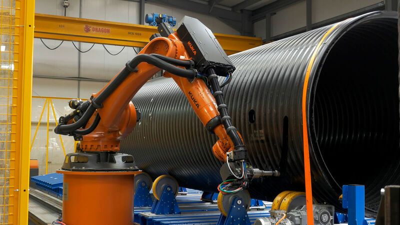 KUKA supplies technology package to Asset International in Wales for milling Weholite pipes measuring up to 3.5 meters in diameter. (Kuka)