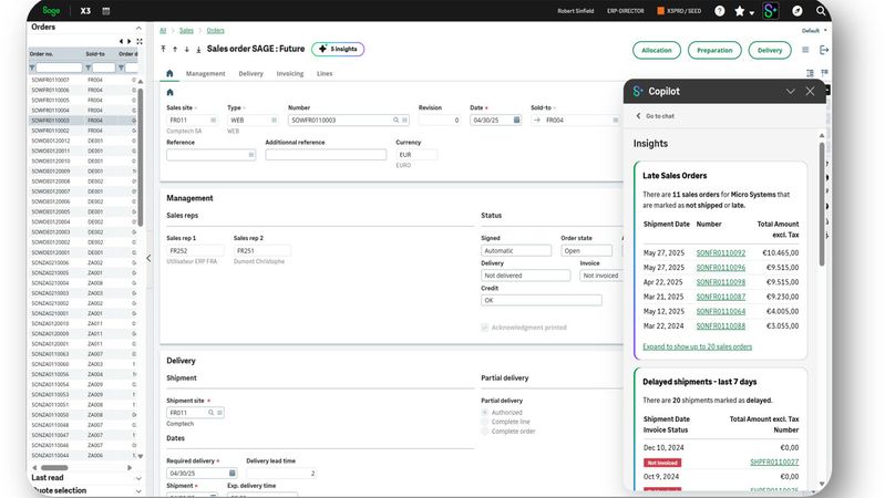 Der neue Sage Copilot in der ERP-Lösung X3 gibt Anwendern kontextbezogene Einblicke, wie hier zu Vertriebskennzahlen.(Bild:  Sage)