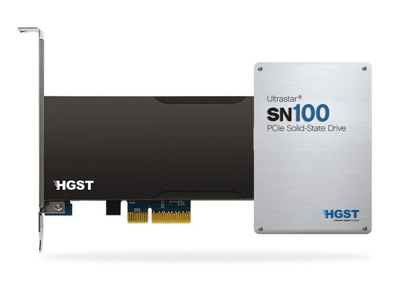 Die SSDs der SN100-Serie mit NVMe-Interface kommen im 2,5-Zoll-Formfaktor oder als PCI-Express-Steckkarte. Sie fassen bis zu 3,2 Gigabyte, für SSDs eine riesige Kapazität. (Bild: HGST)