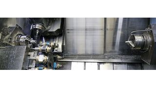 Blick in die Puma mit Hauptspindel, Gegenspindel für Rückseitenbearbeitung, BMT-55-Revolver und leistungsstarker B-Achse für anspruchsvolle Fräsbearbeitungen. (Matthias Böhm, SMM)