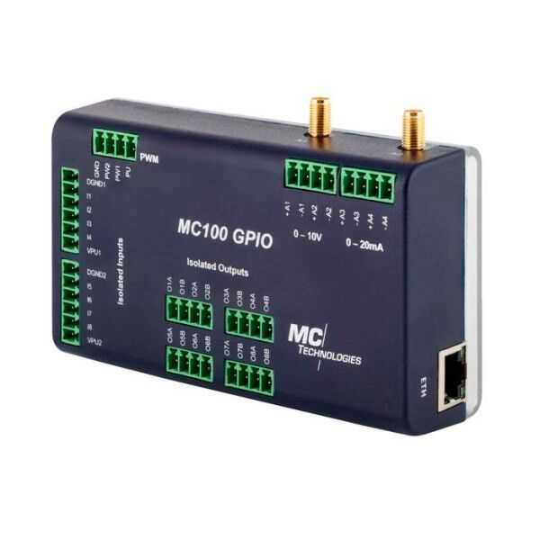 Das MC100 GPIO Gateway, das die MC Technologies GmbH anbietet, ist mit analogen Eingängen und digitalen Ein- und Ausgängen ausgestattet. Mit dem Node-RED, einem einfachen grafischen Programmierwerkzeug, können Messwerte, Schalt- und Zählerzustände sowie Berechnungen über das LTE-Mobilfunknetz mittels diverser vorkonfigurierter Übertragungsprotokolle an Server in Unternehmen, Visualisierungssoftware oder Cloud Services übertragen werden. Das MC100 GPIO ersetzt somit in vielen Fällen eine überdimensionierte und kostenintensive Steuerung und ist gleichzeitig IoT Gateway. Zu den typischen Anwendungen des MC 100 gehören der Fernwartungszugriff über das Mobilfunknetz auf industrielle Steuerungen oder Maschinenkomponenten, Fernüberwachung, Fernmessung (Telemetrie) sowie der Versand von Daten von Ethernet-fähigen Maschinen und Anlagen an eine Zentrale. (Halle 3 / 3-338) (Bild: MC Technologies)