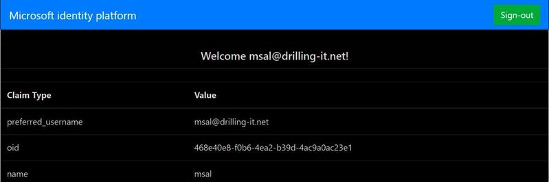 Erfolgreiche User-Anmeldung durch Verwendung der MSAL. Erfolgreiche User-Anmeldung durch Verwendung der MSAL.