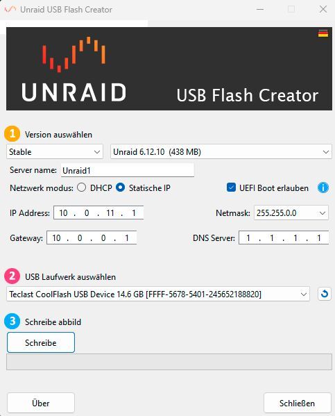 Der USB Flash Creator schreibt das Unraid-Image auf ein Bootmedium und definiert bereits Hostname sowie statische Netzwerkkonfiguration für den späteren Zugriff. (Bild: Joos – Lime Technology)
