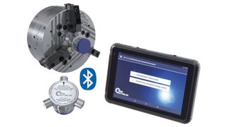 Das multifunktionale Tablet GFT-X-4.0 vereint einen üblichen, für industrielle Umgebungen geeigneten (Schutzart IP67) Tablet-Computer mit einem Messgerät für Spannkräfte.  (SMW-Autoblok)