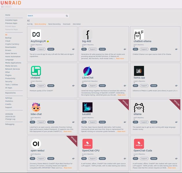 Der Bereich „Apps“ stellt Container-basierte Anwendungen bereit, die sich direkt aus dem Community-Repository installieren und verwalten lassen. (Bild: Joos – Lime Technology)