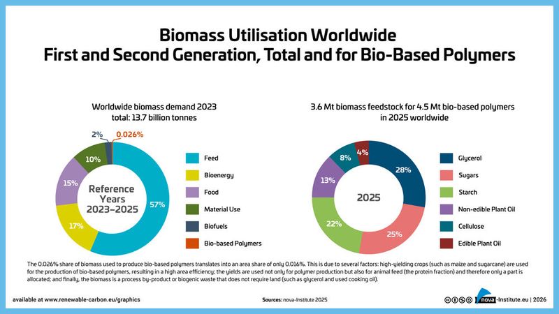 Während der Großteil der Biomasse (57 %) für die Futtermittelproduktion genutzt wird, werden für die Herstellung biobasierter Polymere lediglich 0,026 % benötigt. (Bild: Nova-Institut)