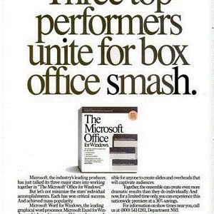 Eine Zeitschriftenwerbung für das erste Office für Windows(Microsoft)