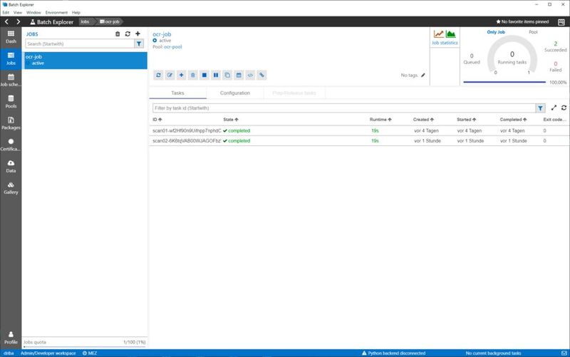 … oder im Azure-Batch-Explorer, der für Windows, Linux oder Mac als Download bereitsteht: https://azure.github.io/BatchExplorer/ (Bild: Drilling / Microsoft)