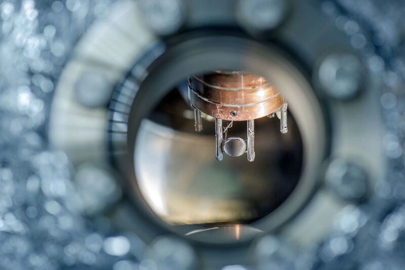Probenhalter mit drei Einkristallen, auf deren Oberfläche die Katalysatorpartikel abgeschieden werden. (Bild: Andreas Heddergott / TU Muenchen)