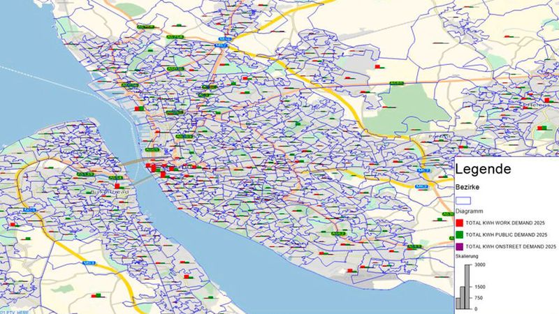 Während der Bedarf an Ladeinfrastruktur in Liverpool im Jahr 2025 in der PTV-Simulation noch relativ überschaubar aussieht ... (PTV)