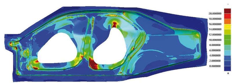 Ergebnisse der Umformsimulation: Unterschiedliche Farben geben an, an welchen Stellen die Blechdicke stark abgenommen hat (rot). Dies erlaubt Rückschlüsse auf die Herstellbarkeit des Bauteils. Bild: Dynamore (Archiv: Vogel Business Media)