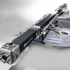 Teleskopierbarer Carbon Fiber Balken der Firma Bilsing Automation, bestückt mit Bilsing Leichtbautoolings und Bilsing Vakuumsaugern.