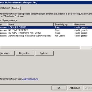 Abbildung 3: Voreingestellte Berechtigungen für Objekte in der IIS Metabase. Aus Datenschutzgründen sind hier die Hostnamen entfernt worden.