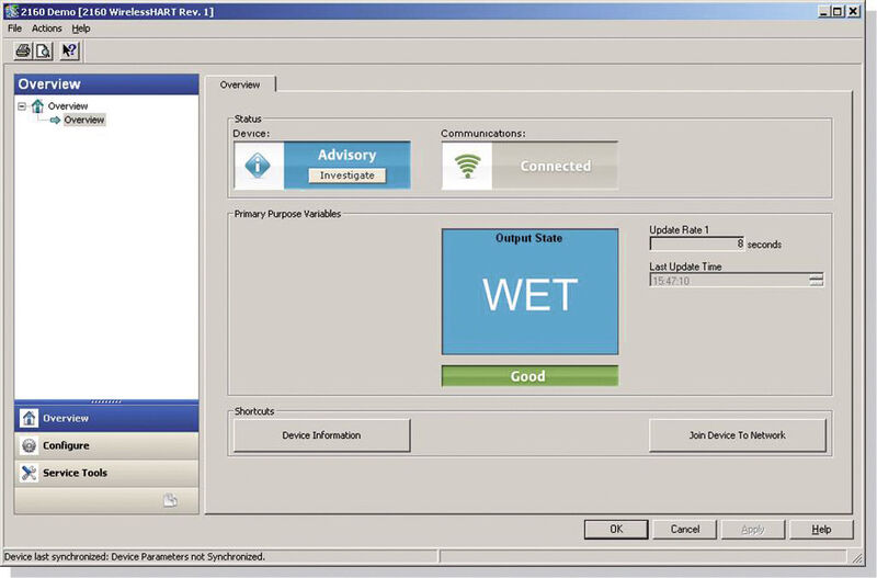 This Device Dashboard shows heavy buildup on the fork. PV: Wet (incorrect), Alert 1 triggered  (Picture: Emerson Process Management)
